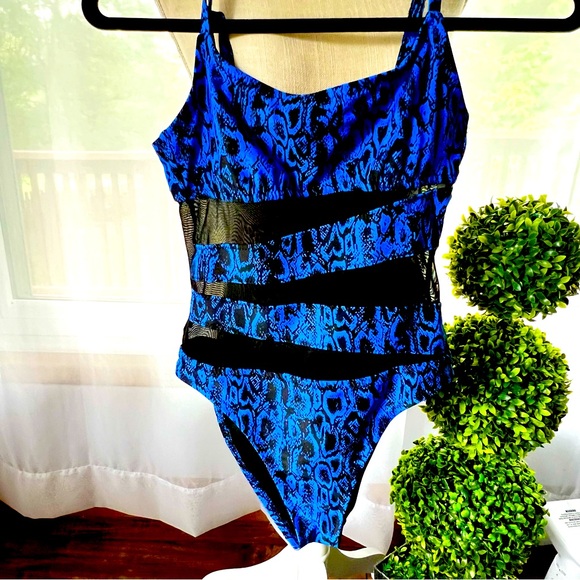 Shade & Shore Snakeskin Mesh Detailing Blue and Black One Piece Swimsuit Size S - Picture 2 of 13